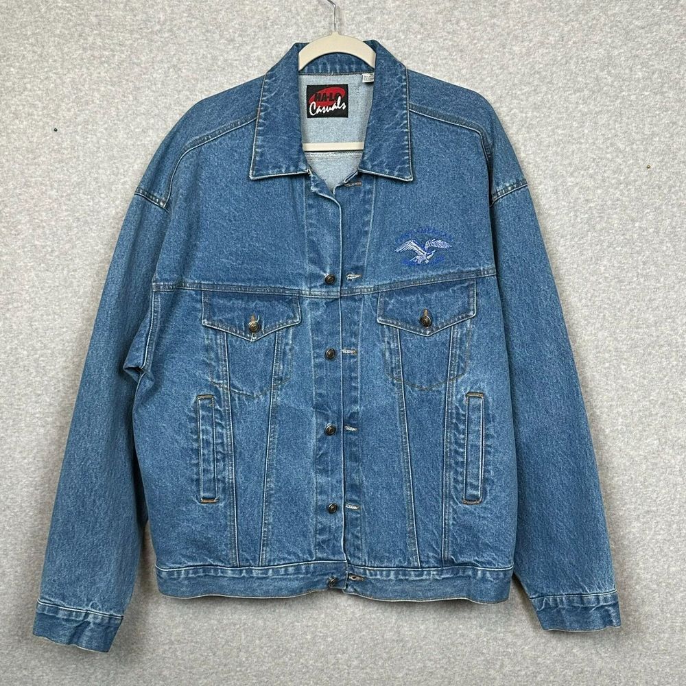VTG Halo Casuals Denim Trucker Jacket XL‎ Blue Embroidered Eagle First American